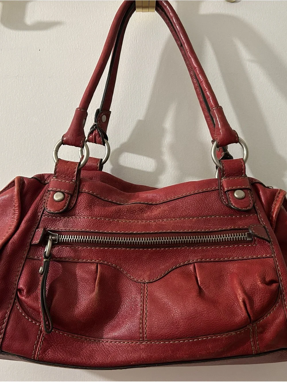 Fossil Red Leather Shoulder Bag with Front Zip Pocket Fossil Red Pebbled Leather - Picture 1 of 6